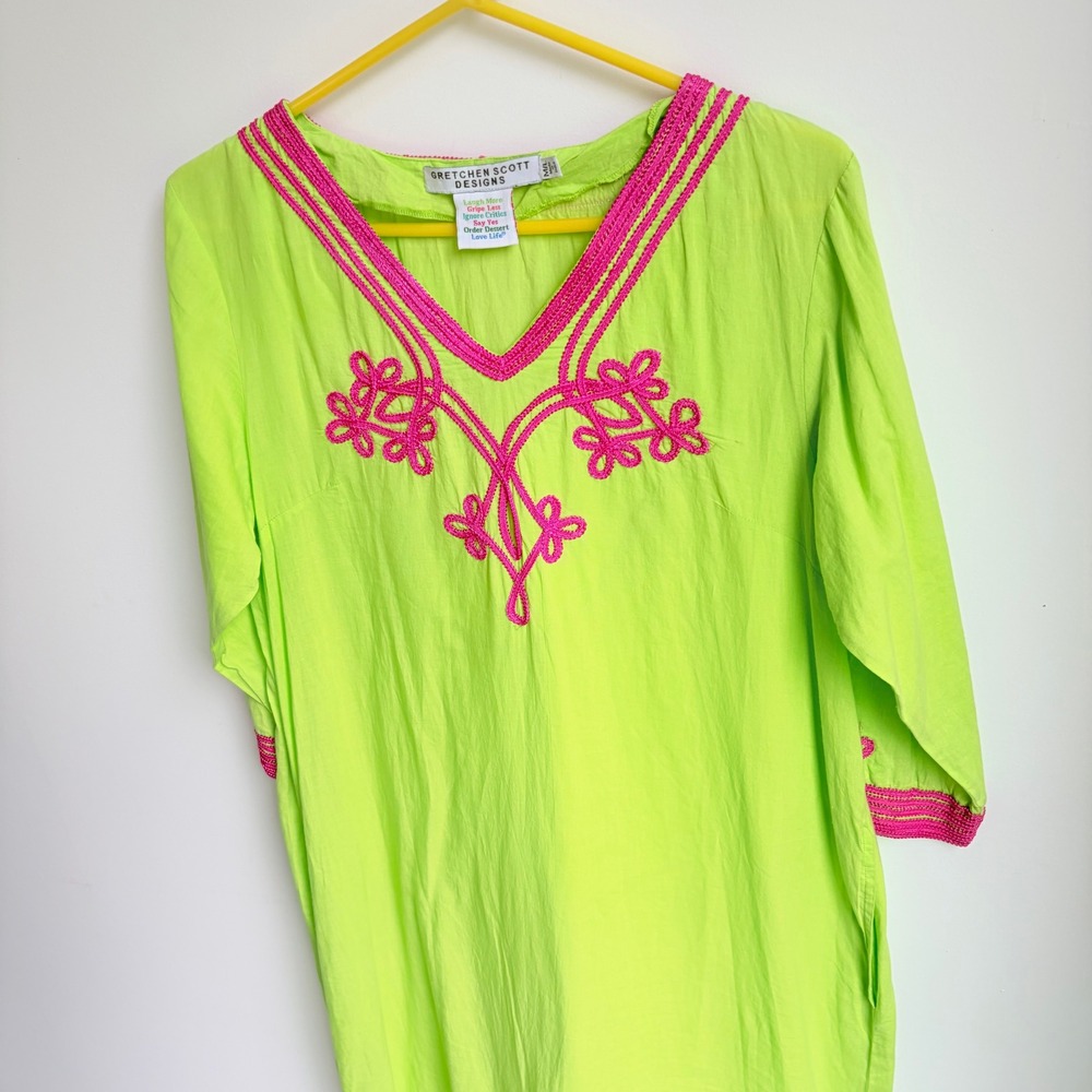 Gretchen Scott Maxi Dress M/L Boho Cottage Lime Green Pink Embroidered Cotton - Picture 2 of 10